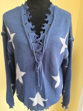 NWT POL Lace Up V Neck Star Sweater